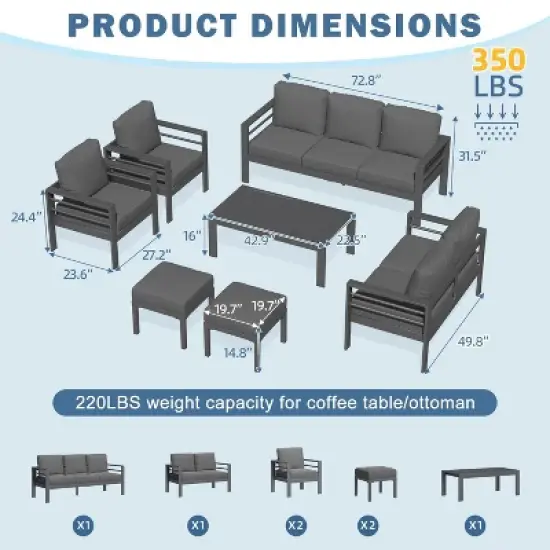 COWLOWN 7 Piece Black Aluminum Modern Outdoor Patio Furniture Set with Coffee Table and Dark Grey Cushions, Ideal for Balcony, Porch, Lawn and Yard image {3}