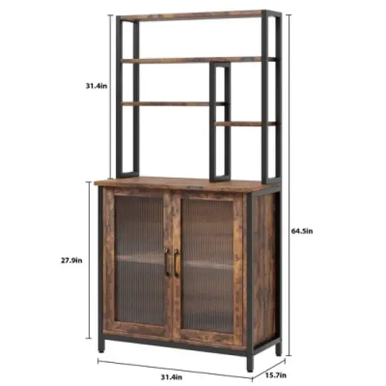 64.5" Kitchen Bakers Rack with Storage Cabinet, 5-Tier Microwave Stand with Fluted Glass Doors, Freestanding Industrial Coffee Bar Station, Retro image {6}
