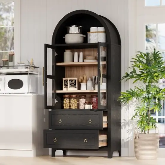 Bella Depot Farmhouse 71"H Arched Kitchen Pantry Cabinet with Drawers and Adjustable Shelves, Glass Doors image {2}