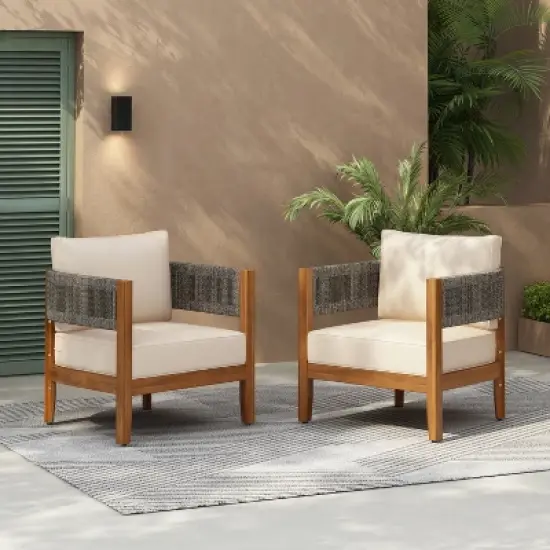 Christopher Knight Home Monroe Patio Modern Acacia Wood Club Chair with Cushions image {1}