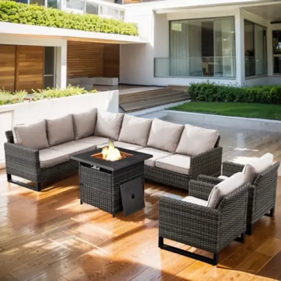 Buenhomino 6 Pieces Outdoor Patio Furniture Set with Propane Gas Fire Pit Table, Outdoor Sectional Sofa PE Rattan Wicker Patio Conversation Sets image {8}