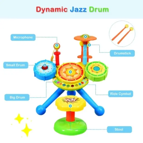 Kids Electric Jazz Drum Set Musical Instrument w/ Stool Mic & LED Light image {7}