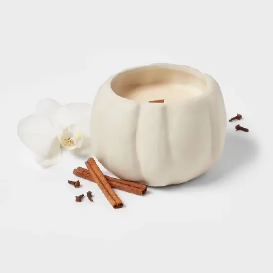 12oz Brushed Abstract Pumpkin Ceramic with Woodwick and Dustcover Warm Cider + Cinnamon Candle - Threshold&trade; image {2}