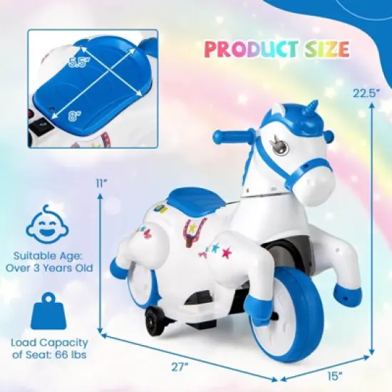 Costway 12V Kids Ride on Unicorn Toy w/ Training Wheels Music One-button Start Horse Toy image {2}
