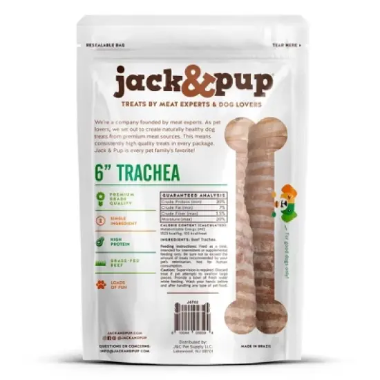 Jack&Pup 6" Trachea Adult Dog Treat Bully Sticks with Beef Flavor - 2.11oz/2ct image {1}