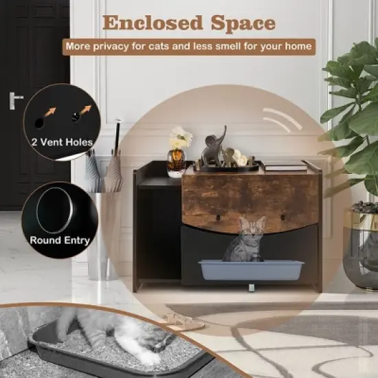Tangkula Cat Litter Box Enclosure w/ Pull-out Drawer Flip Door Rolling Caster Indoor Black image {7}