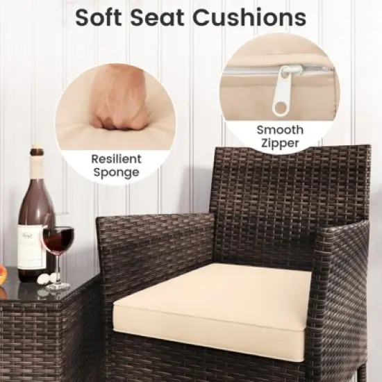 Tangkula 3 Pieces Patio Rattan Furniture Set Outdoor Conversation Set with PE Wicker Armchairs Tempered Glass Top Coffee Table image {5}