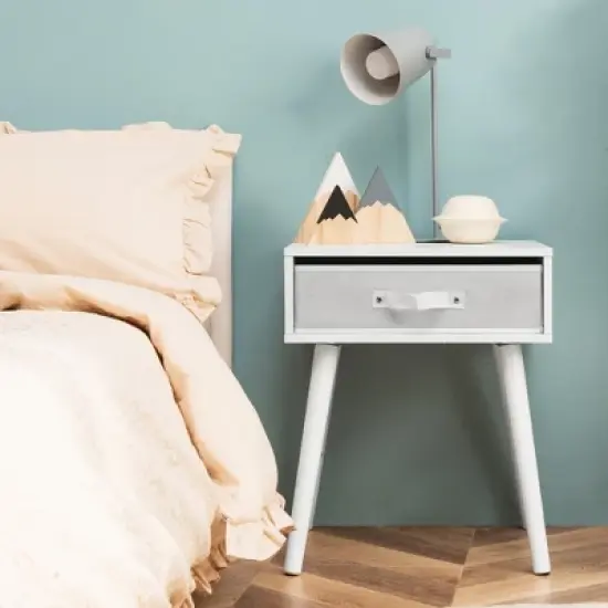 Costway Mid-Century Nightstand End Accent Bedside Table W/ Fabric Drawer Rustic White image {2}