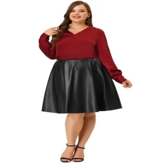 Agnes Orinda Women's Plus Size PU Skirt A-Line Versatile Flared Party Skirts image {2}