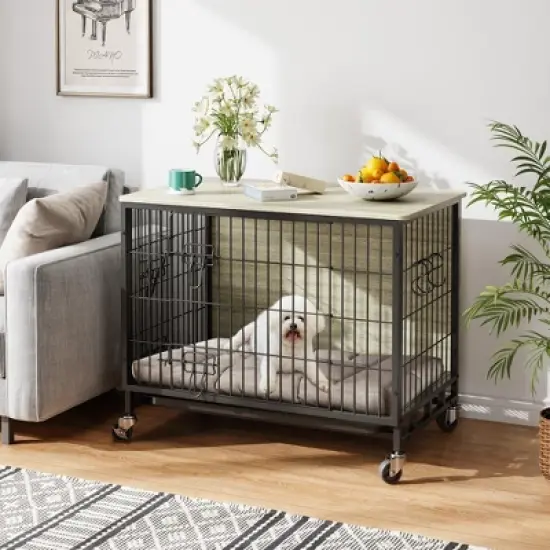 Dog Crate Furniture for Medium Dogs, 32.5" L x 21.9" W x 25.2" H Indoor Kennel with Double Doors, Wheels & Removable Tray image {1}