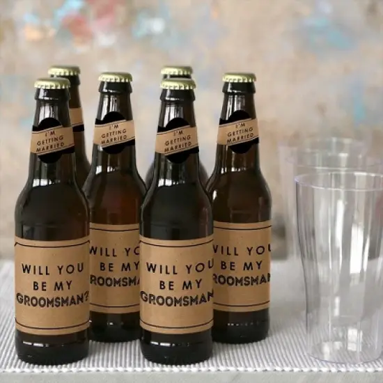 Big Dot of Happiness Kraft Mustache - Will You Be My Groomsman Decorations for Men - 6 Beer Bottle Label Stickers and 1 Carrier image {3}