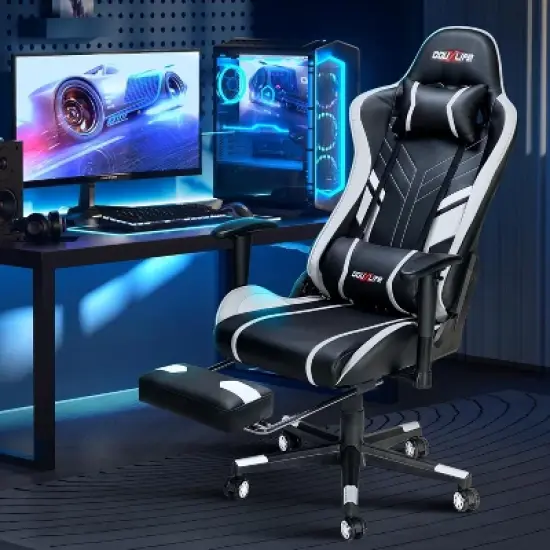 Douxlife Modern 7-Point Massage Ergonomic Gaming Chair with Footrest & Adjustable Armrests Black White image {8}