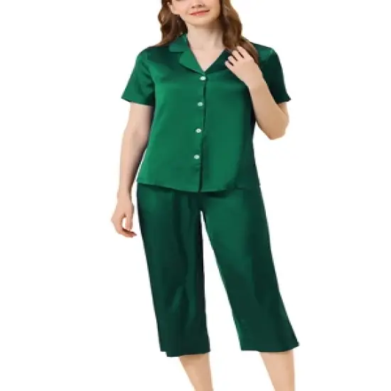 cheibear Womens Pajama Sleepwear Button Down with Capri Pants Satin Lounge Pjs Set image {12}