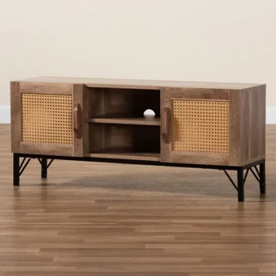 Veanna Bohemian Natural Wood and Metal 2 Door Synthetic Rattan TV Stand for TVs up to 40" Brown/Black - Baxton Studio image {8}