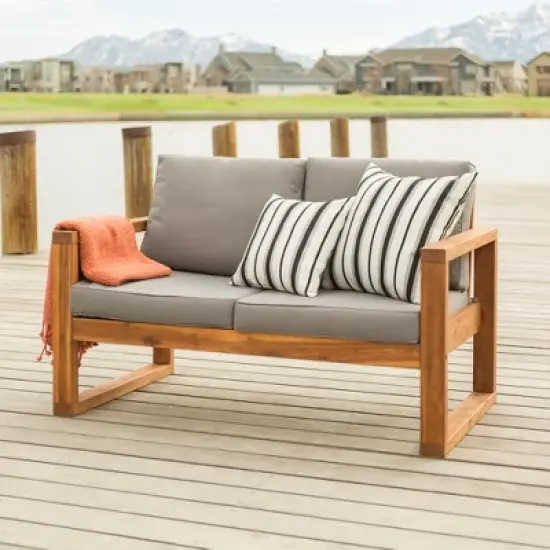 Galia Square Leg Acacia Wood Patio Loveseat with Cushions - Brown - Saracina Home image {7}