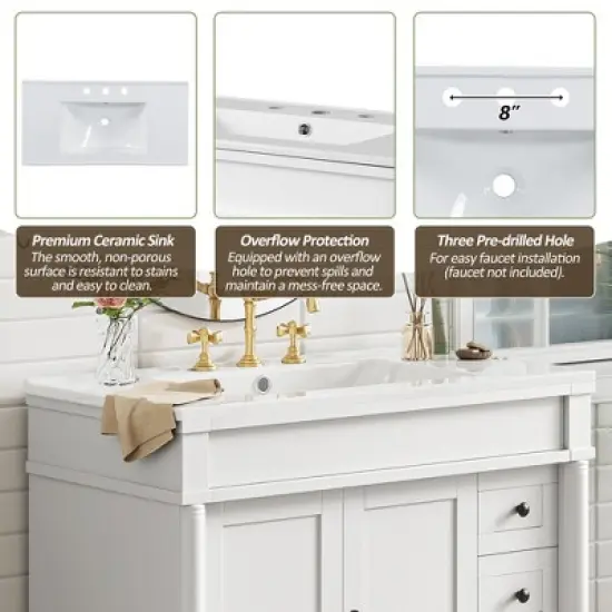 36" Bathroom Vanity with Ceramic Sink, 2 Soft Close Doors, 3 Drawers, Adjustable Shelf, Solid Wood Frame, Freestanding Storage Cabinet image {2}