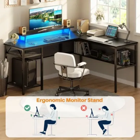 Aheaplus 55.5'' Reversible L-shaped Desk with Power Outlets and RGB LED Lights, Computer Table with CPU Stand and Monitor Stand image {6}