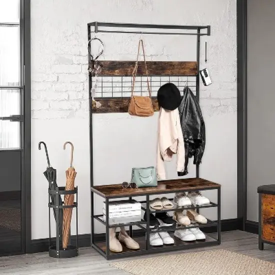 Entryway Storage Bench, 3-Tier Industrial Shoe Rack with 5 Coat Hooks, Rustic Wood Style Hall Tree for Home/Closet Organization image {7}