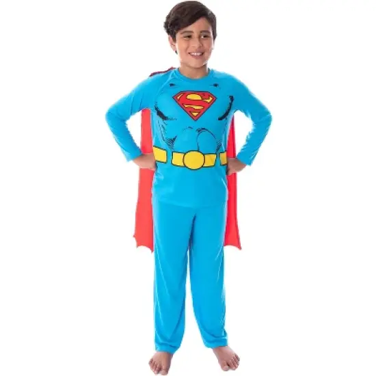 DC Comics Boys' Superman Costume Raglan Shirt And Pants Pajama Set with Cape Classic Superman image {4}