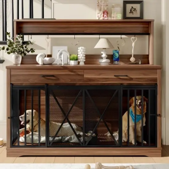Dog Crate Furniture for Large or 2 Medium Dogs, Heavy Duty Dog Cage Table with 2 Storage Drawers and Shelves,for 2 Dogs with Divider Locks image {2}