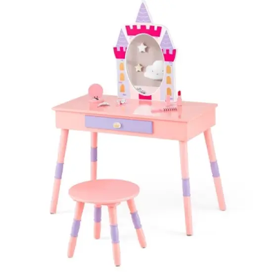 Costway Kids Vanity Set Princess Makeup Pretend Play Dressing Mirror Castle Girls Pink image {9}