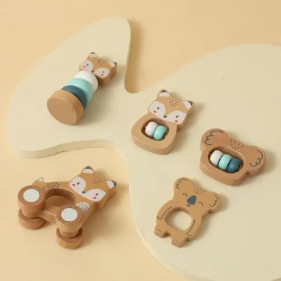 Freniland&trade; - Wooden Baby Rattle Toy Set &ndash; 5 PCS Blue Animal Themed Teether and Rattles, Natural Beech Wood Montessori Toys for 10M+ image {4}