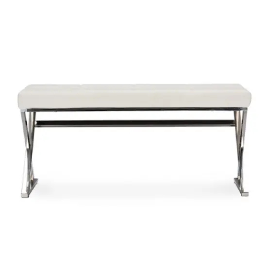 Herald Modern and Contemporary Stainless Steel and Faux Leather Upholstered Rectangle Bench - White - Baxton Studio image {1}