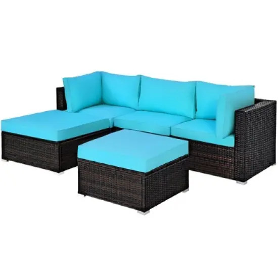 Costway 5PCS Patio Rattan Sectional Conversation Set Ottoman Turquoise image {1}