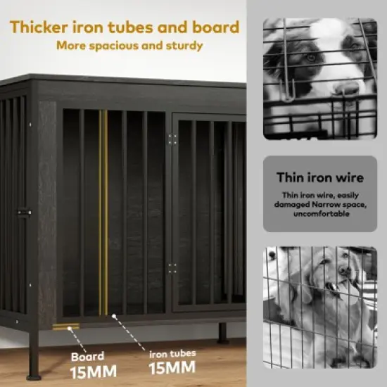 XBRIGH 78/63 Inch Dog Cage Furniture,  Double Doors Dog Kennel Furniture with Removable Divider, Thick Wooden Dog Crate Furniture for 2 Medium Dogs image {6}