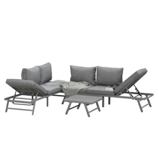 Outsunny 3-Piece Patio Couch Furniture Set with 2 Convertible Sofas, 1 Coffee Table, & Weather-Fighting Cushions, Gray image {6}