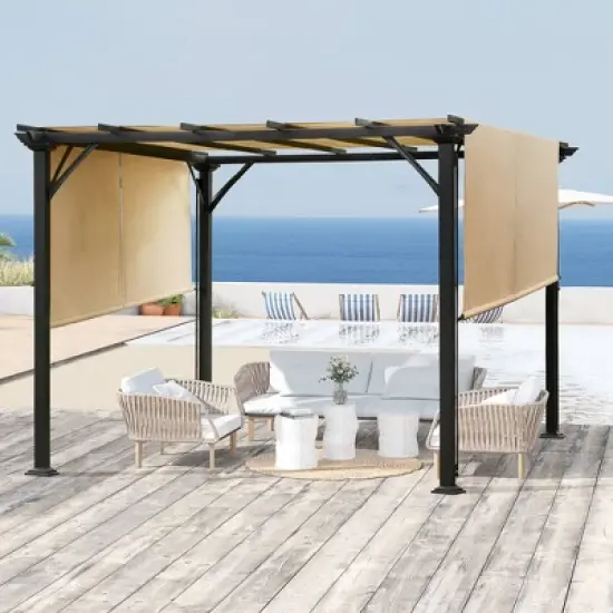 Outsunny Outdoor Retractable Pergola Canopy with Sun Shade Unique Design Canopy Patio Metal Shelter for Garden Porch Beach image {2}