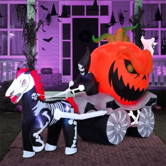Joyfy 8 FT Long Halloween Inflatable Outdoor Decoration, Inflatable Pumpkin Carriage with Build-in LEDs for Halloween Outdoor Yard Graden Lawn Decor image {8}