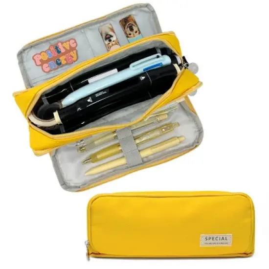 Wrapables Large Capacity Pencil Case, 3 Compartment Pencil Pouch for Stationery Pens, Yellow image {6}