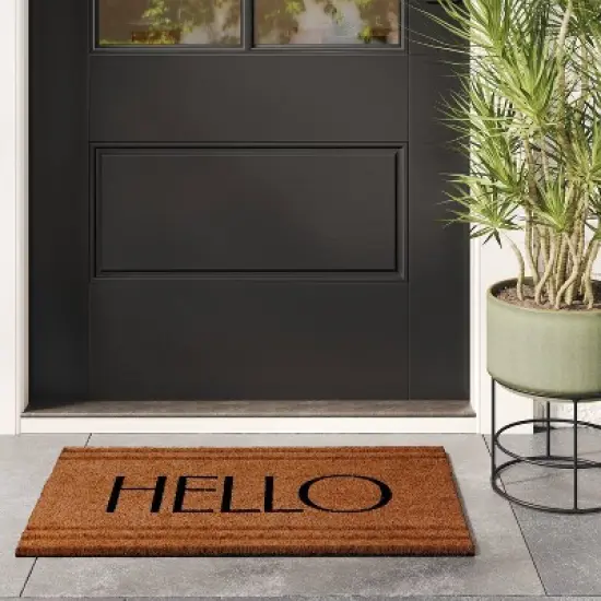 1'6"x2'6" 'Hello' Stripe Border Coir Doormat Natural - Threshold&trade; image {1}