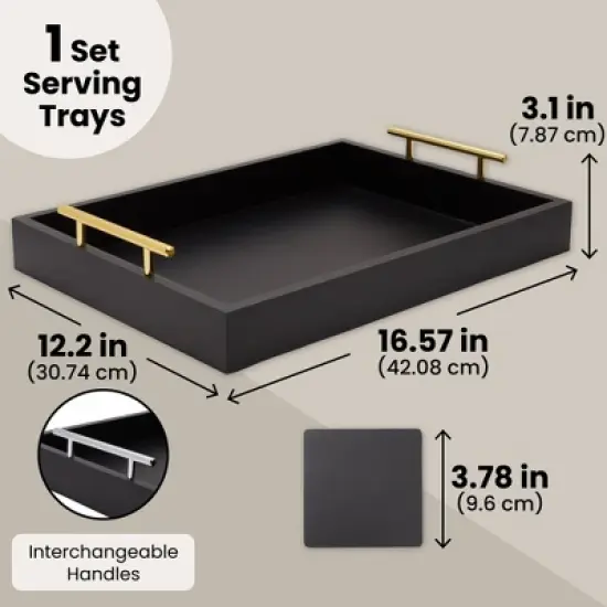 Juvale Decorative Wood Serving Tray with Handles and Coasters - 16.5 x 12.2 x 3.1 in image {5}