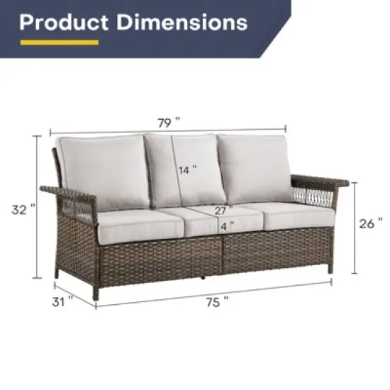 Belord 79" Patio Couch, All Weather Brown Wicker Outdoor 3-Seater Sofa with Wide Armrest and Thick Cushion image {6}
