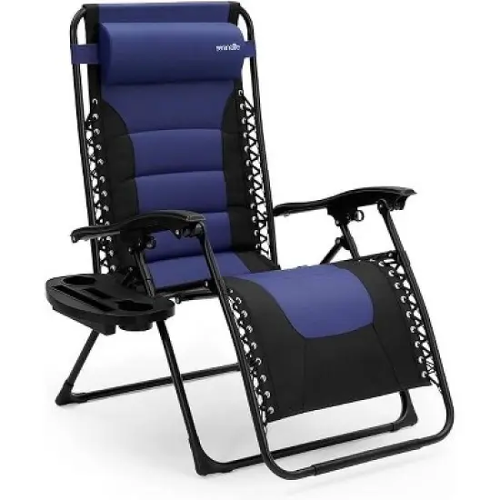SereneLife Foldable Outdoor Zero Gravity Padded Lawn Chair, Adjustable Steel Mesh Recliners, w/ Removable Pillows Blue and Black image {8}