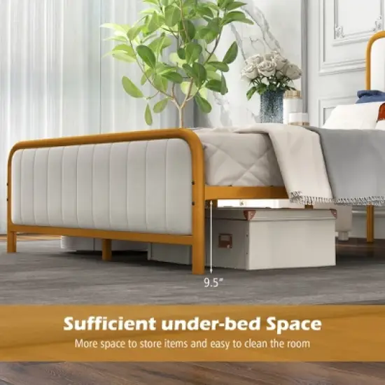Costway Full Gold Metal Bed Frame Upholstered Platform Bed with Velvet Headboard image {8}