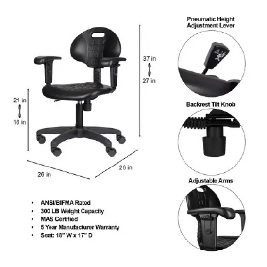 16"-21" Adjustable Height Polyurethane Task Office Chair with Arms Black- Hampden Furnishings image {12}