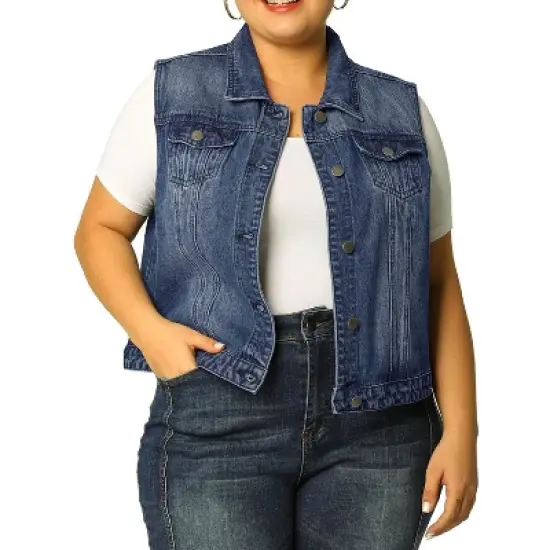 Agnes Orinda Women's Plus Size Buttons with Two Chest Flap Pockets Denim Vests image {6}