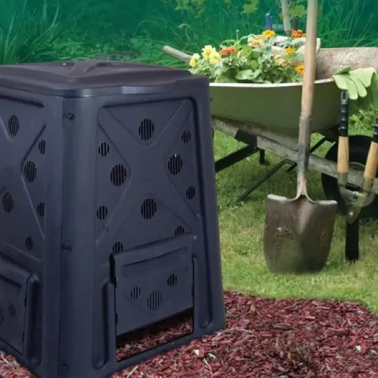 Redmon 65 Gallon Capacity Compost Bin with Snapping Lift Off Lid, 4 Door Access, and Multiple Vent Holes, for Home Gardens and Landscaping, Black image {2}