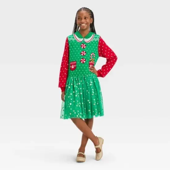 Girls' Christmas Elf Sweater Dress - Green image {2}