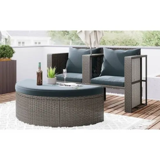 2pc Outdoor Wicker Conversation Sectional Set with Cushions & Half-Moon Side Table for Umbrella - Gray - GODEER image {3}