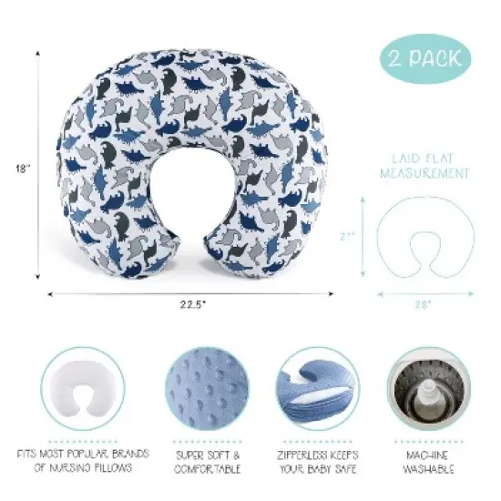 The Peanutshell Nursing Pillow Covers for Breastfeeding, 2 Pack Set, Dinosaur and Navy Blue Minky Dot image {1}