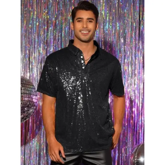 INSPIRE CHIC Men's Short Sleeves Club Party Shiny Sequin Polo Shirts image {1}