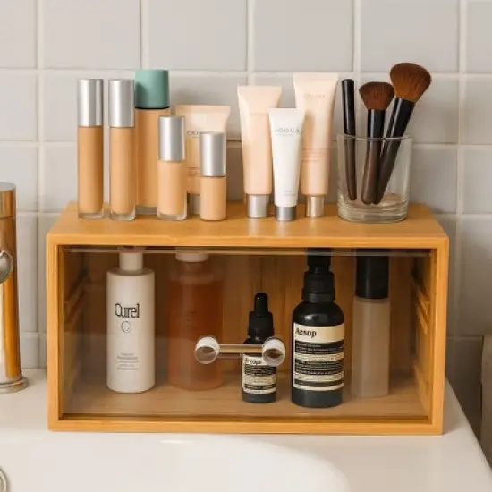 Bamboo Makeup Organizer with Clear Acrylic Drawer, Compact Single Drawer Bamboo Storage Box for Cosmetics & Skincare, Space-Saving Vanity Organizer image {2}