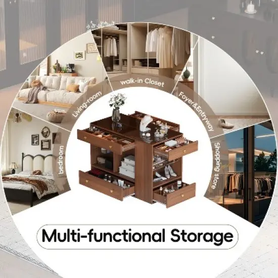KTMBDW Closet Island with 6 Drawers,Wardrobe Armoire Bedroom Island with Glass Display Top & Open Shelves,Jewelry Storage Vanity Island for Cloakroom image {4}