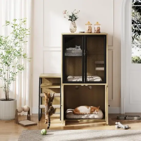 Cat Litter Box Enclosure, Double Cat House with Storage, Enclosed Litter Box Furniture with Ladder image {3}