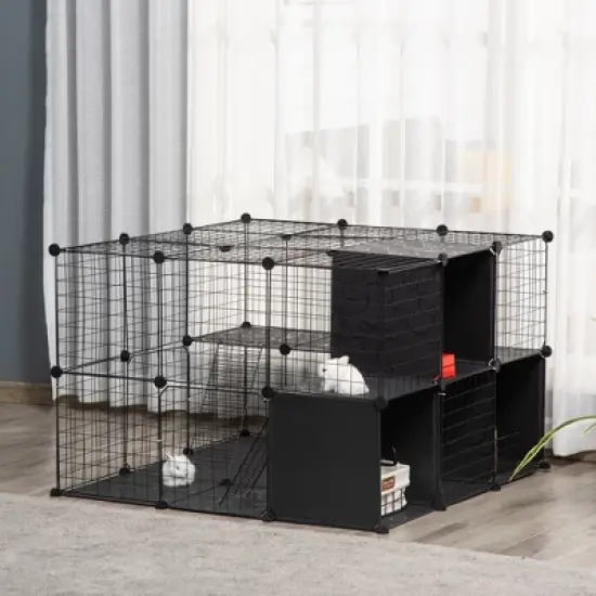 PawHut Pet Playpen Small Animal Cage 56 Panels with Doors, Ramps and Storage Shelf for Rabbit, Kitten, Chinchillas, Guinea Pig and Ferret image {1}