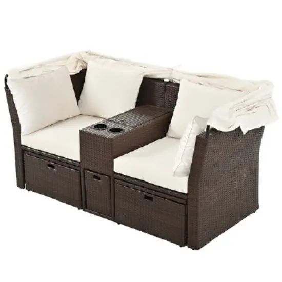 Convertible Outdoor Patio Daybed Loveseat Sofa Set with Retractable Canopy and Central Console image {8}